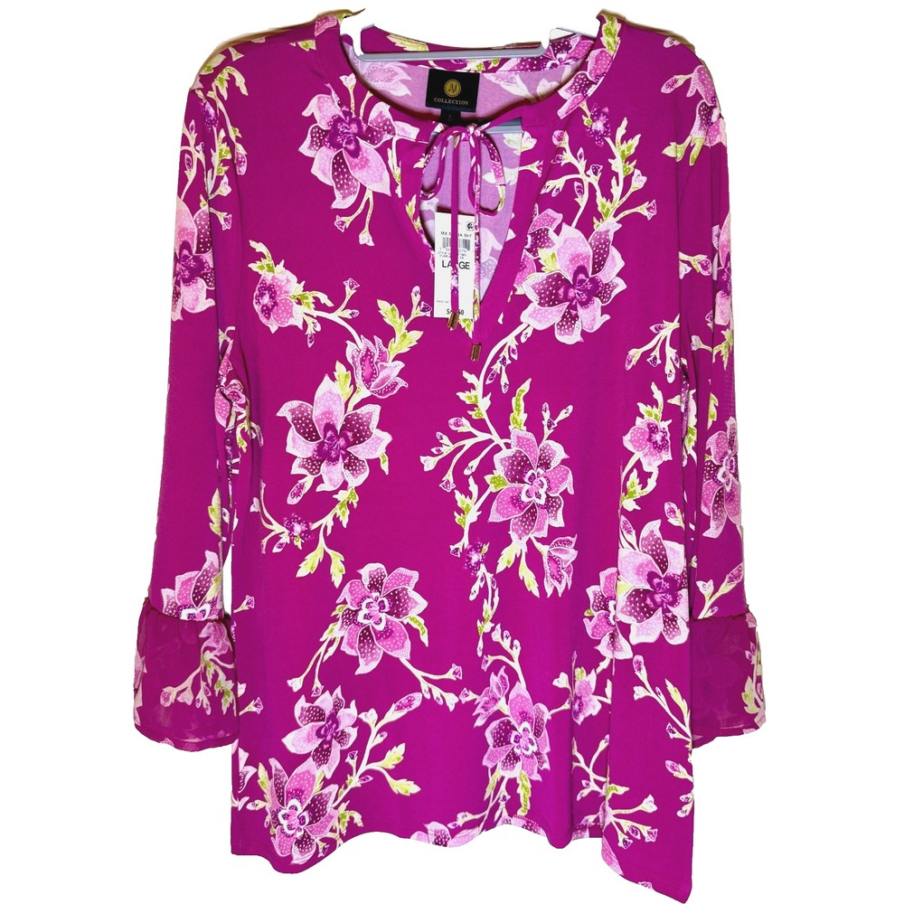 JM Collection Women's Large NWT Purple Fizz Floral Blouse w/Ruffle Sleeves
